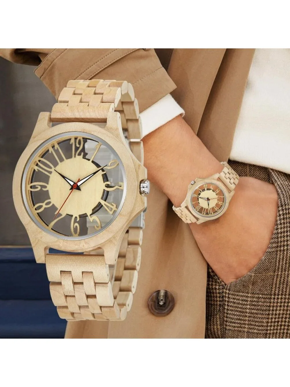 Men Cream Quartz Solid Ebony Zebra Fold over Clasp Wood Strap Round Wooden Watch